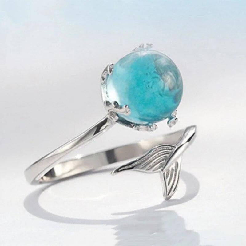 Inel cu coadă de pește deschis de sirenă Inel reglabil din sticlă albastră pentru femei