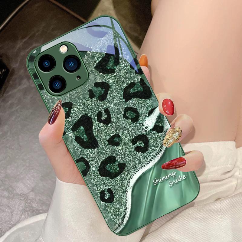 Leopard Sequin Snake For IPhone 16 Pro Max 15 Pro 14 13 12 Mini 11 XS Max XR 7 8 Plu SE 2022 Tempered Glass Phone Case