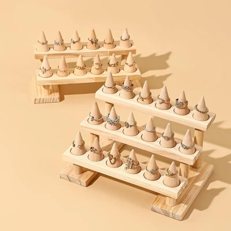 Simple solid wood cone ring display rack jewelry rack ring rack display jewelry rack live stream stall props