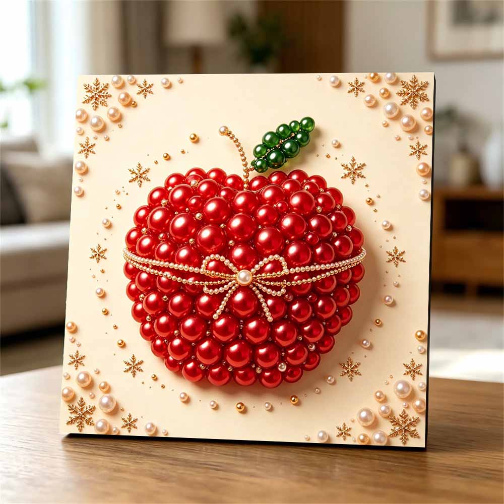 Premium Framed Pearl Art Kit with Shiny Red Apple and Snowflake Design 5D Sparkling Bead Canvas DIY Relaxing Craft for Home Wall Decor Gift