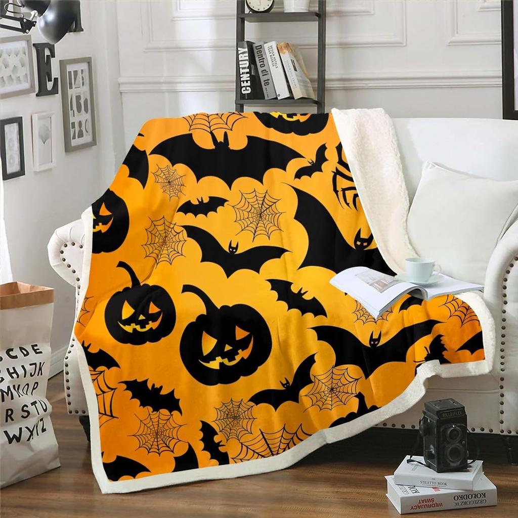 Halloween Ghost Blanket Soft Fleece Throw Pumpkin Spider Web Design Home Decor Party Gift Kids Room