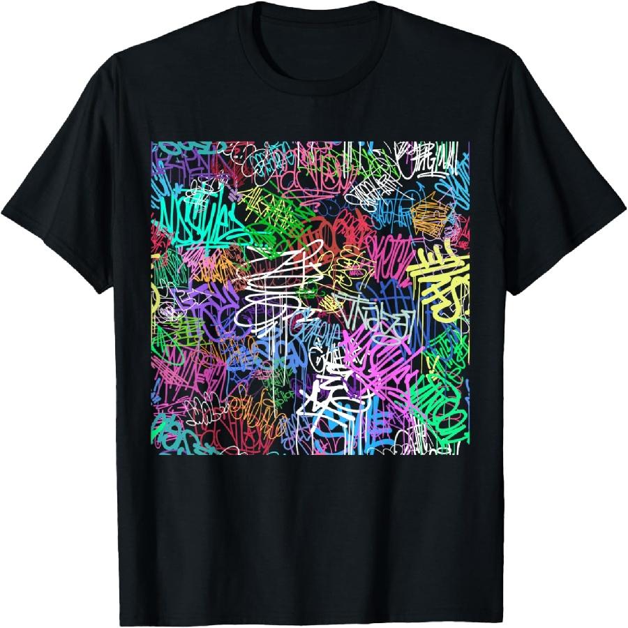 Стена с граффити - Узор из цветных тегов Граффити - Футболка в стиле стрит-арт S