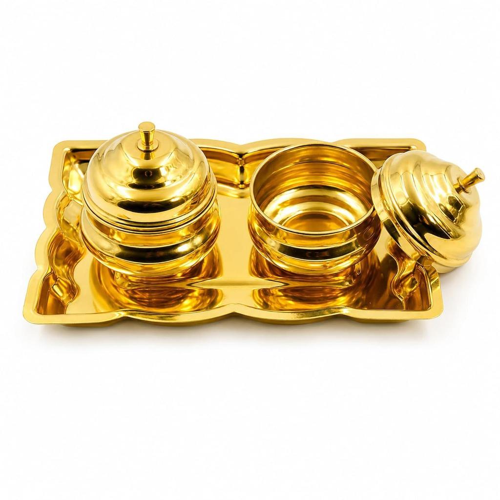 Spillbox Brass Leaf-Shape Puja Thali with 2 Attached Bowls|Sindhoor|Traditional Kumkum, Chandan, and Vibhuti Holder for Home Mandir