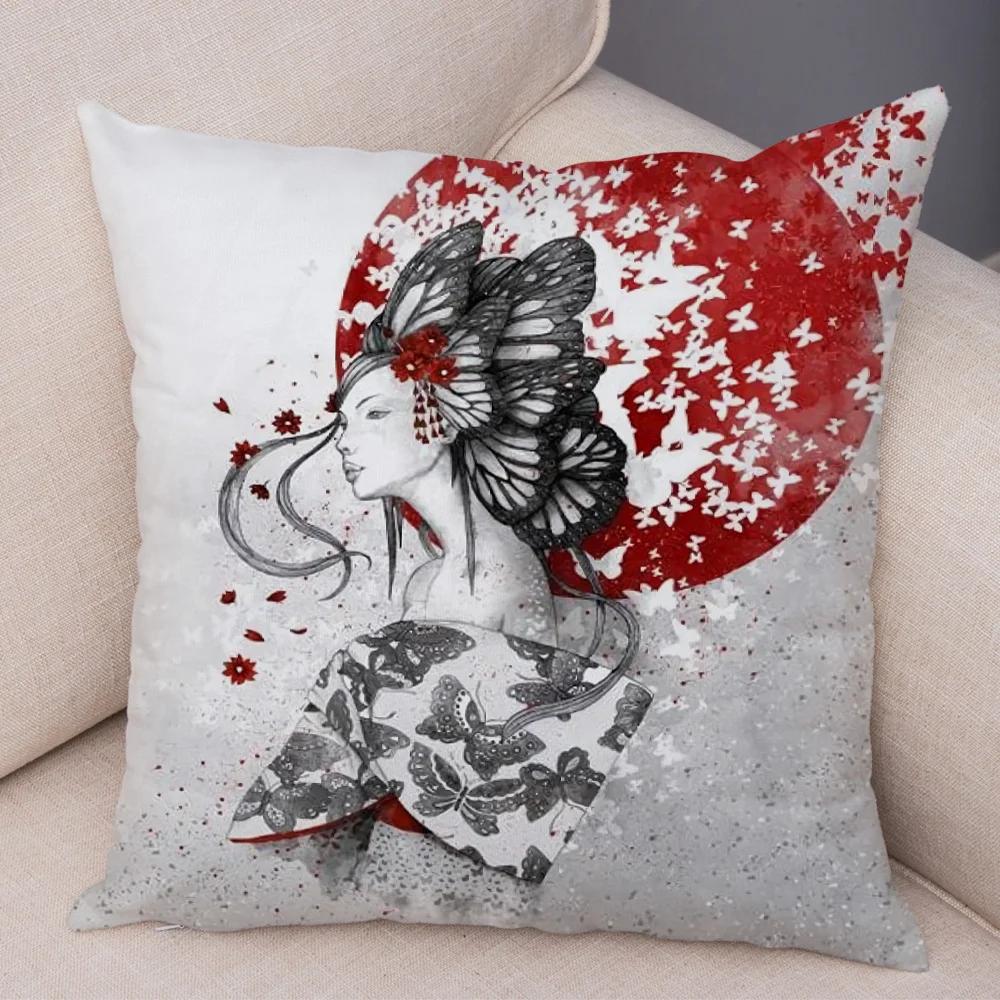 Japan Style Ink Warrior Cushion Cover for Sofa Home Double Print Decor Beautiful Scenery Girl Pillowcase Soft Plush Pillow Case