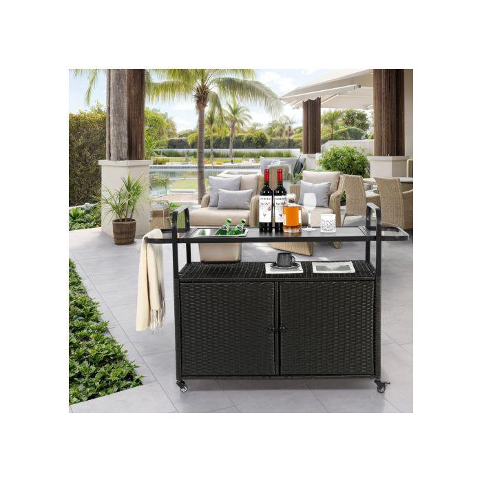 Table de bar d'extérieur avec seau à glace, roulettes verrouillables et panier de rangement latéral, noir