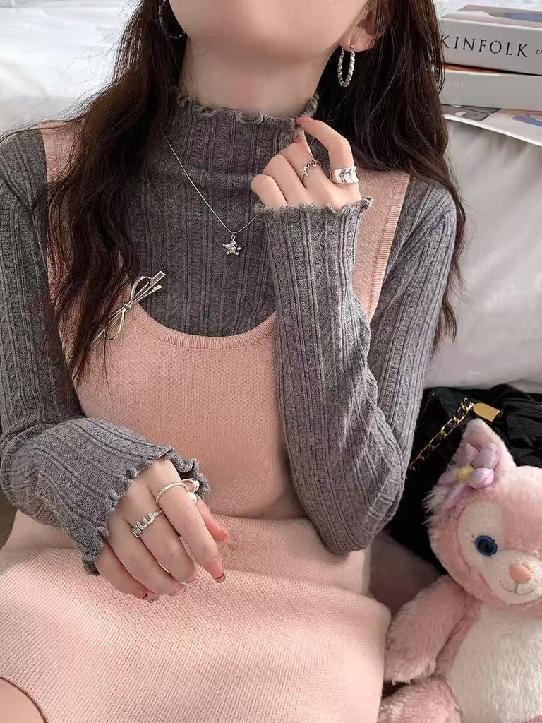 Korean Autumn and Winter New Fungus Lace Solid Color Long-sleeved Knitted Pullover Women's Basic Knitted Bottoming Shirt