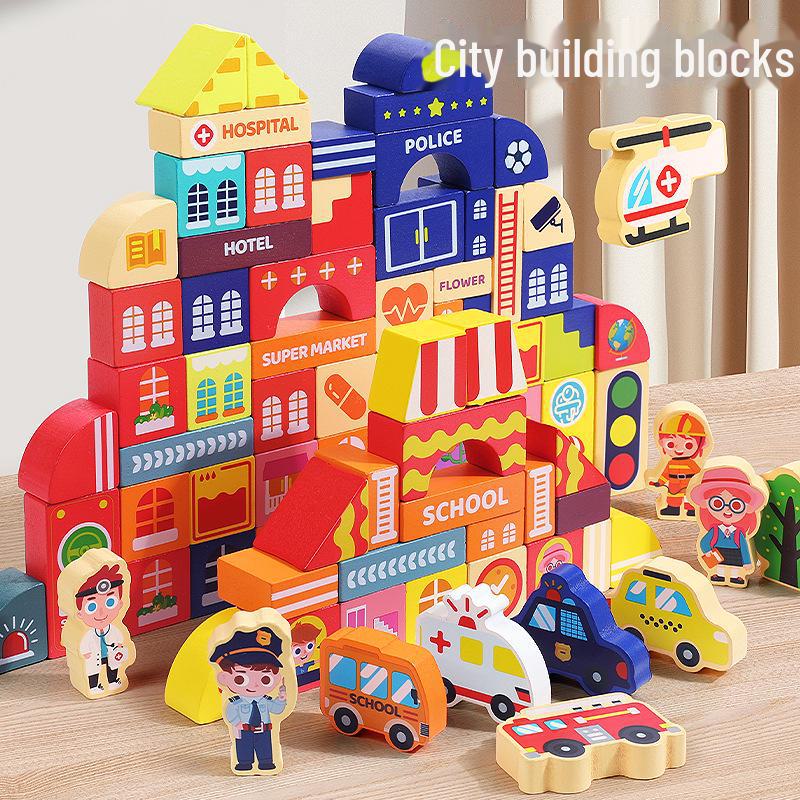 Children's Mini Castle Wooden Puzzle Blocks - City Street Scene Building Set
