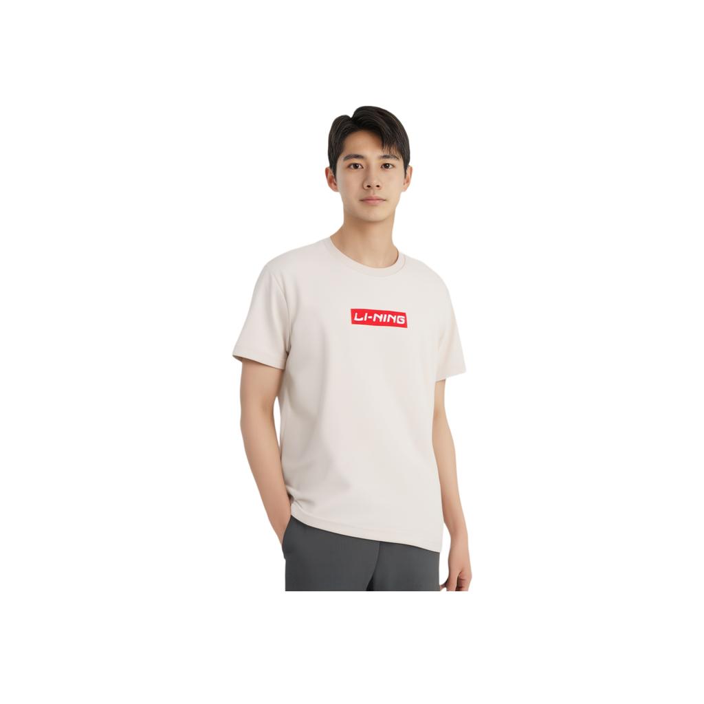 Li Ning Sport Fashion Series Solid Color Logo Round Neck Pullover T-Shirt Men Tops Oatmeal-Gray ATST637-3