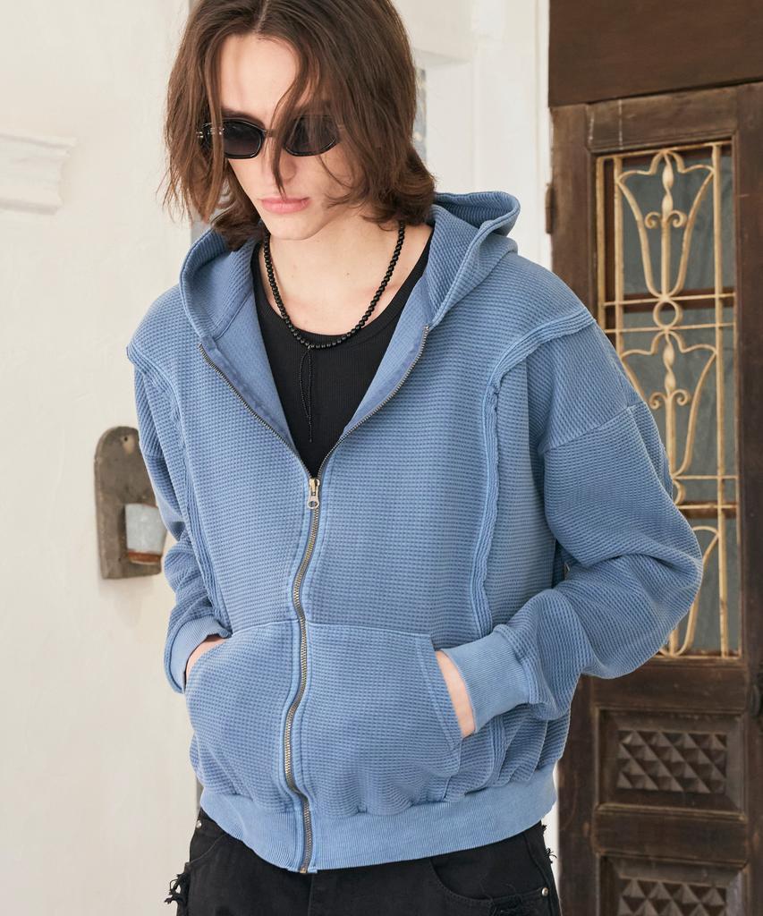 Sserpe Raw Pigment Waffle Zip-Up Hoodie Blue