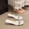 Fairy Feng Shui Diamond Cool Slippers Female Summer Wear Fashion High-end Transparent One-word Belt Medium Thick Heel Crystal Slippers