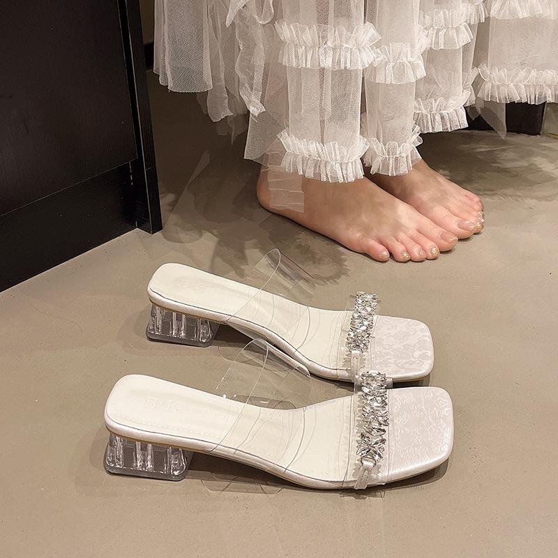 Fairy Feng Shui Diamond Cool Slippers Female Summer Wear Fashion High-end Transparent One-word Belt Medium Thick Heel Crystal Slippers