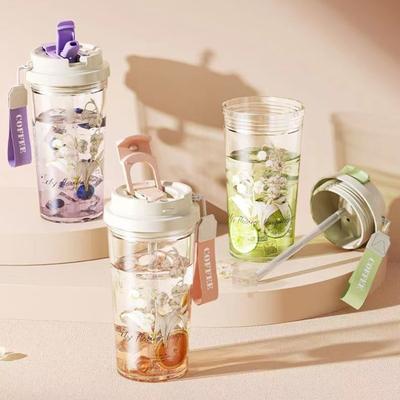 Plastic Flower Printed Water Cup Casual Sports Straw Cup Student Large Capacity Graduated Portable Durable Leakproof Kettle Cups