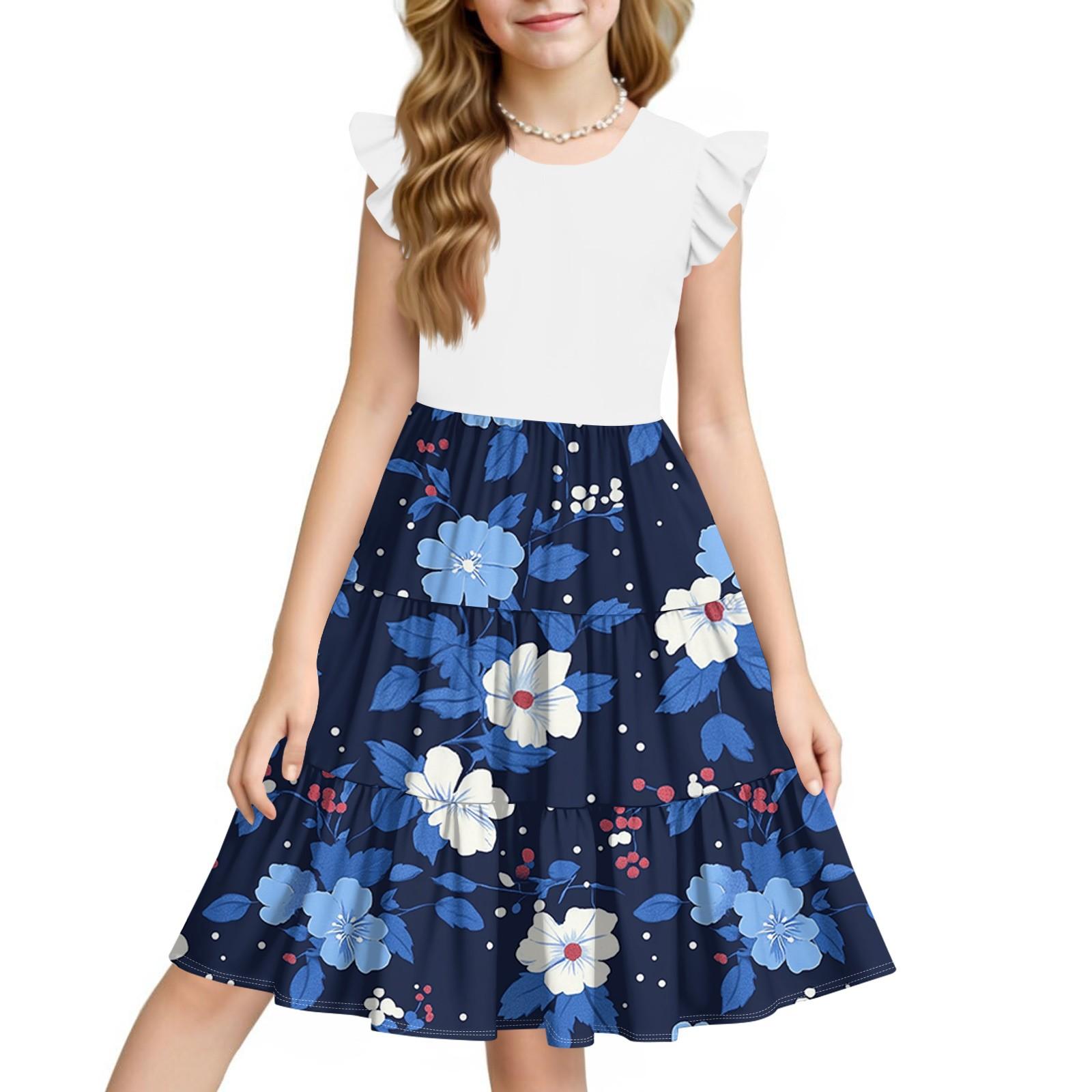 

Летнее детское платье для девочек с цветочным принтом, повседневное милое платье принцессы с круглым вырезом 140