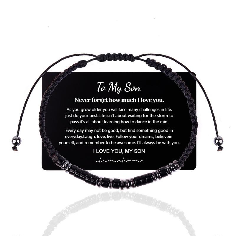 Morse Code Stainless Steel Engraving Steel Brand Bracelet European and American Black Iron Stone Wood Chip Beaded Card Morse Code Bracelet