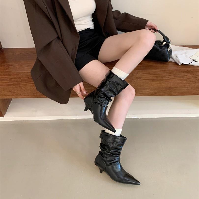 Suede pleated piled boots women's 2025 autumn and winter new pointed western cowboy boots lapel mid boots women