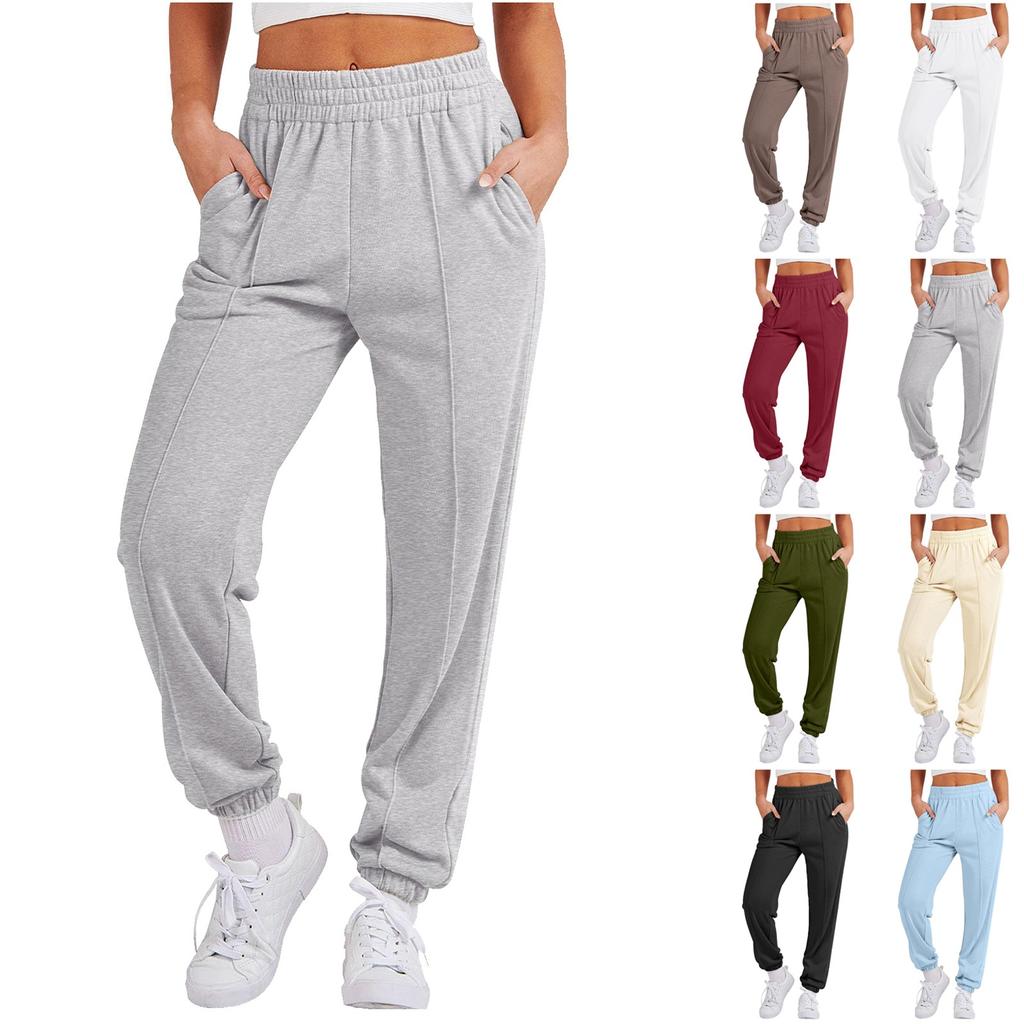 Pantaloni casual de damă cu talie înaltă, de culoare solidă, pantaloni de jogging sport, cu buzunare