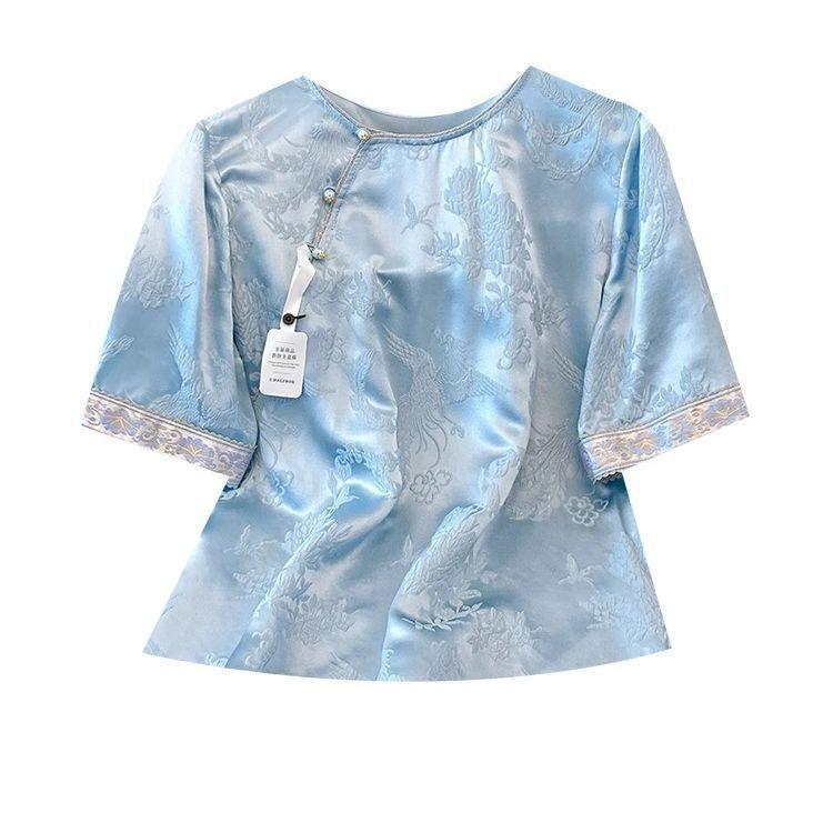 Summer popular short-sleeved temperament round neck jacquard embroidered shirt satin 2025 new top
