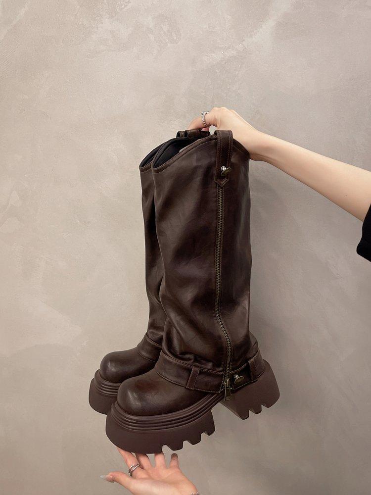 Fashion 2024 Autumn Women's Knee High Boots Western Round Toe Long Boots Women Western Shoes Chunky Heel Platform Women