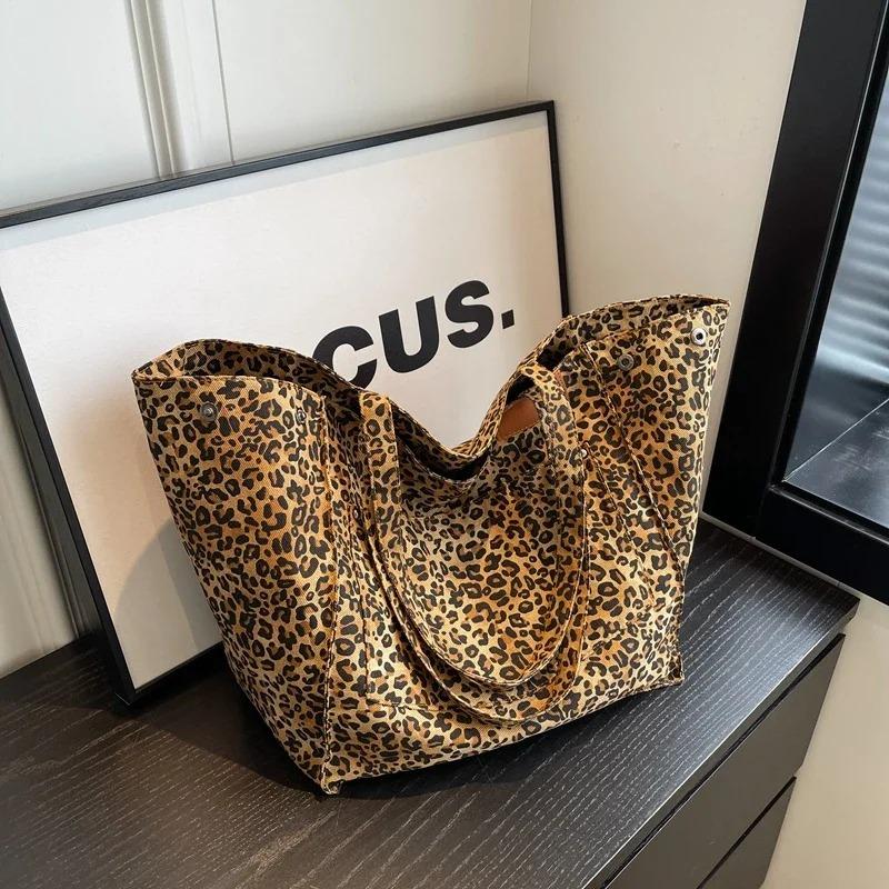 Oversized Leopard Prints Shoulder Bags For Women Deformable Canvas Large Capacity Shopping Totes 2024 Winter New Luxury Handbags