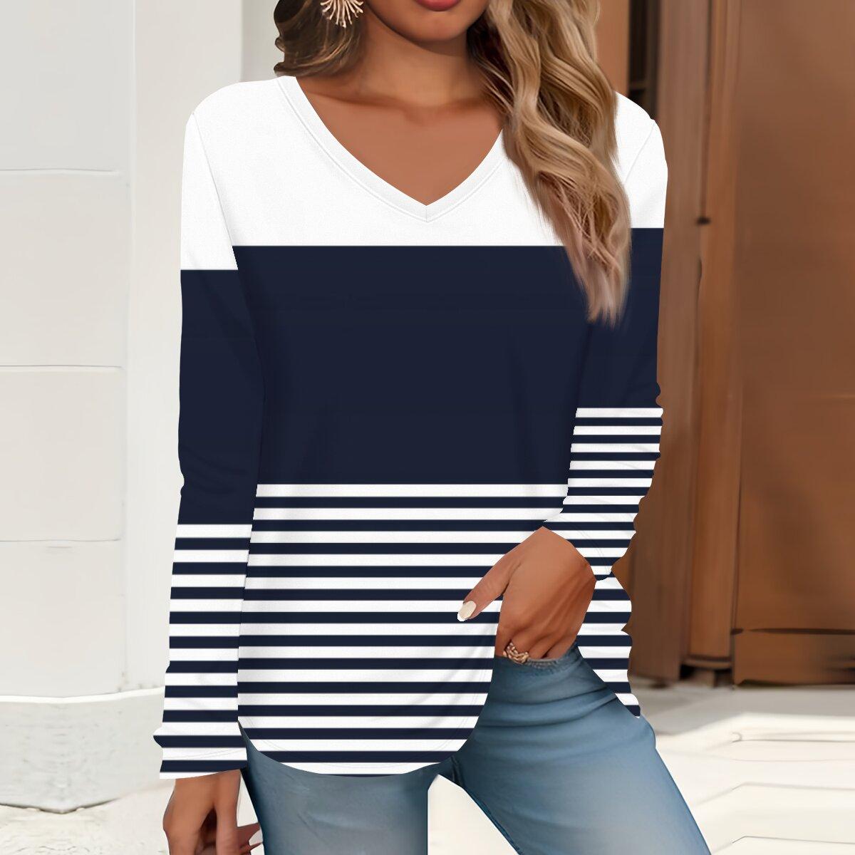 

2023 весна и осень новая мода с длинным рукавом повседневная футболка с v-образным вырезом и принтом