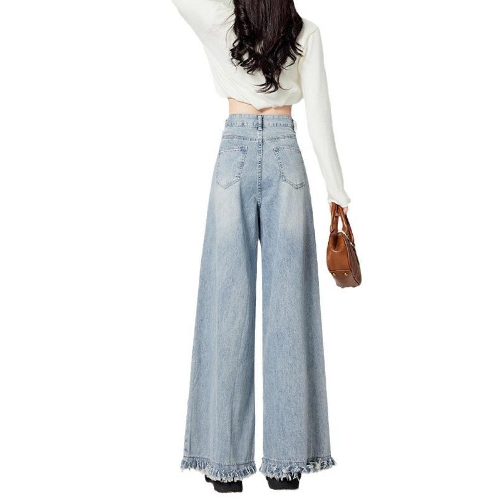American High-waisted Wide-leg Jeans Women's Spring and Autumn New Rough Edge Design Loose Drape Floor-mopping Jeans