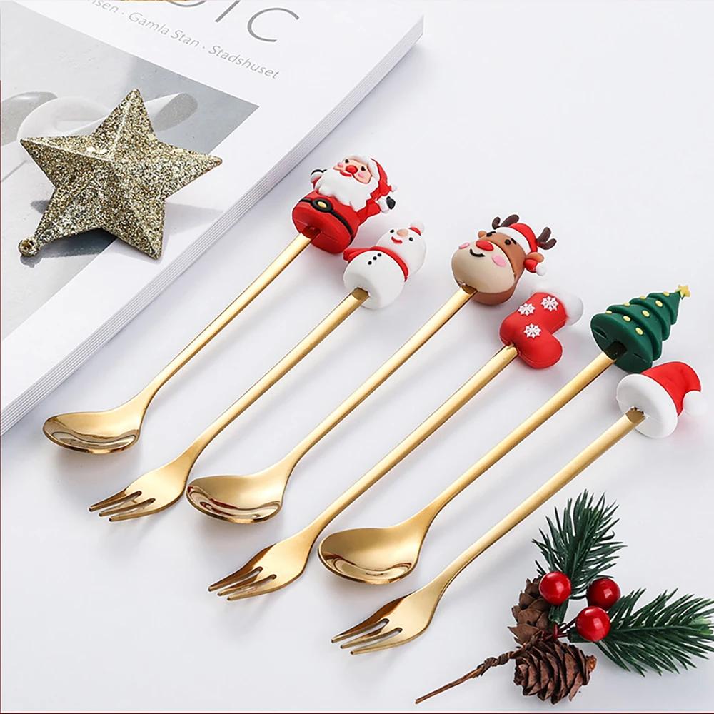 2/4/6PCS Christmas Gift Glod Spoon Fork Set Elk Christmas Cutlery Set Tree Decoration Dessert Scoop Fruit Fork Coffee Spoon