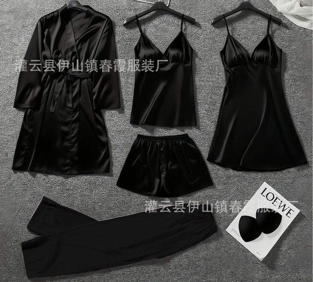 Neue sexy Damen-Herbst-Pyjamas, dünnes Eisseiden-Trägernachthemd, Spitze, Spitzen-Bademantel, Damen-Loungewear, Fünfteiliges Set