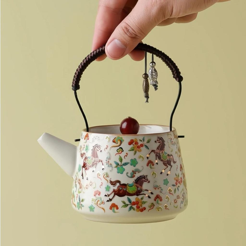 Neue chinesische Ru-Ofen Hochwertige Henkel-Teekanne, Henkel-Teekanne für Anfänger, High-End-Set-Teekanne, Keramik-Kung-Fu-Teeset für Zuhause