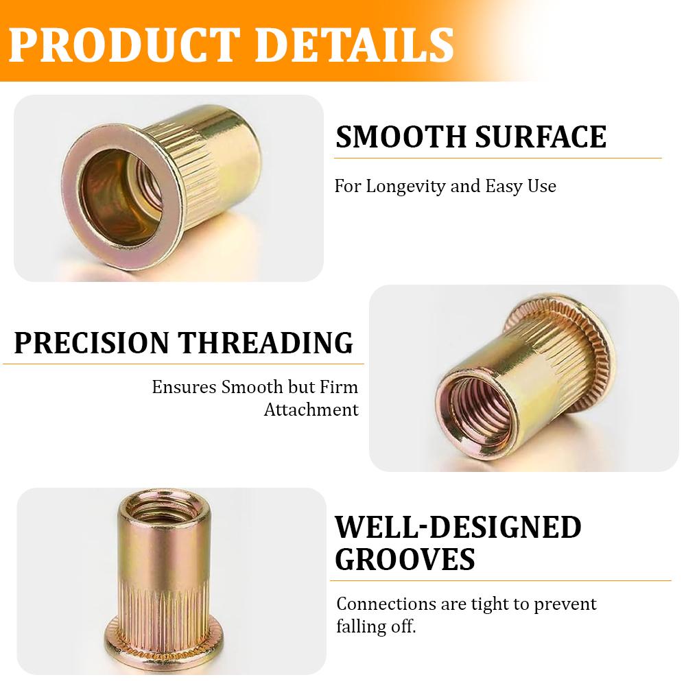 320PCS Zinc-Plated Rivet Nut Assortment M3-M12 Flat Head Vertical KnurledThreaded Rivet Insert Nutsert Cap Rivet Nu Sett