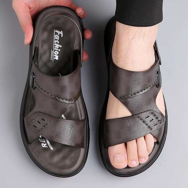 Men Brown Flats Slippers Summer Grey Wide Head Sandals Retro Black Leather Beach Shoes Plus Size