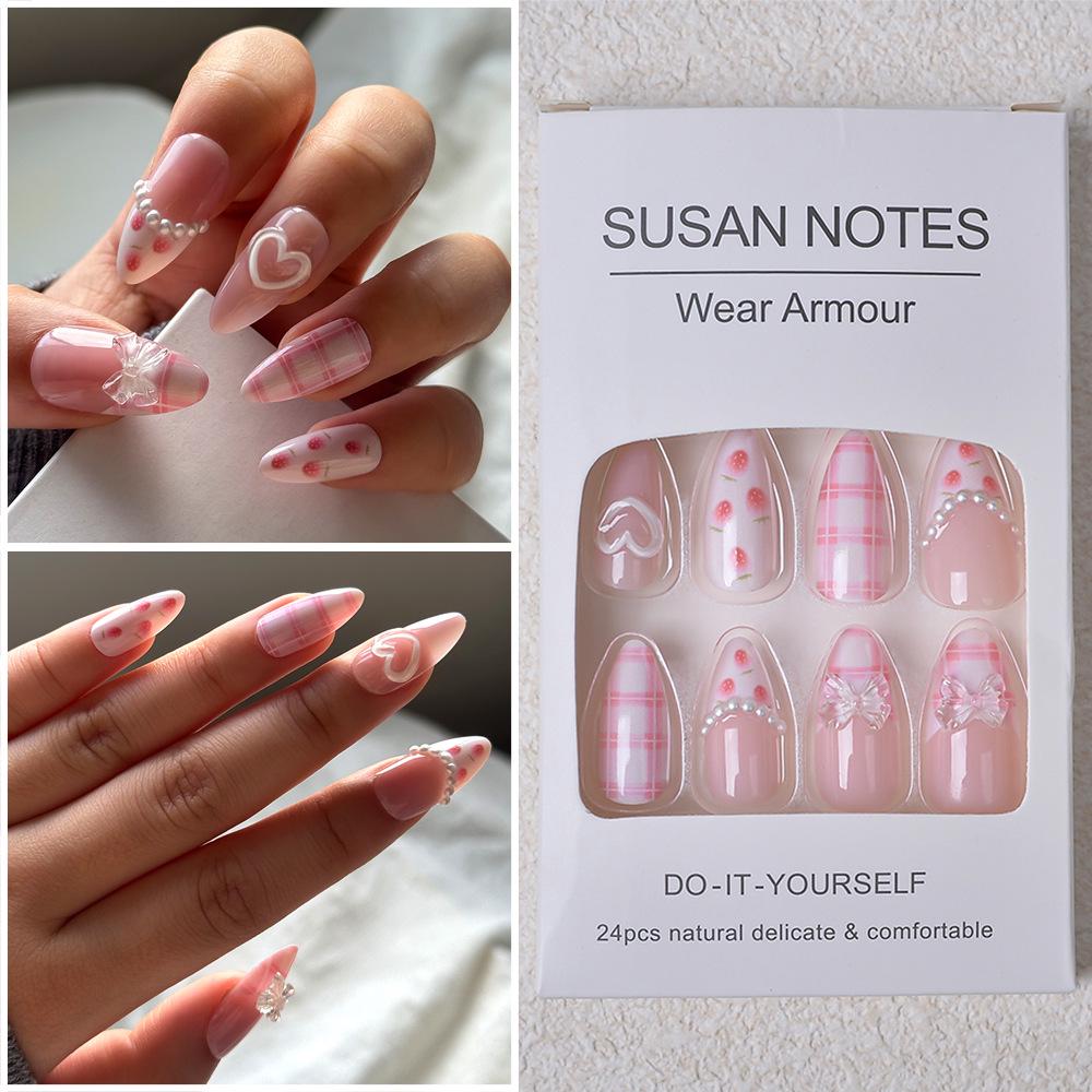 Almond Shaped Strawberry Plaid Pearl Bow Girly Pink Whitening Fake Nails