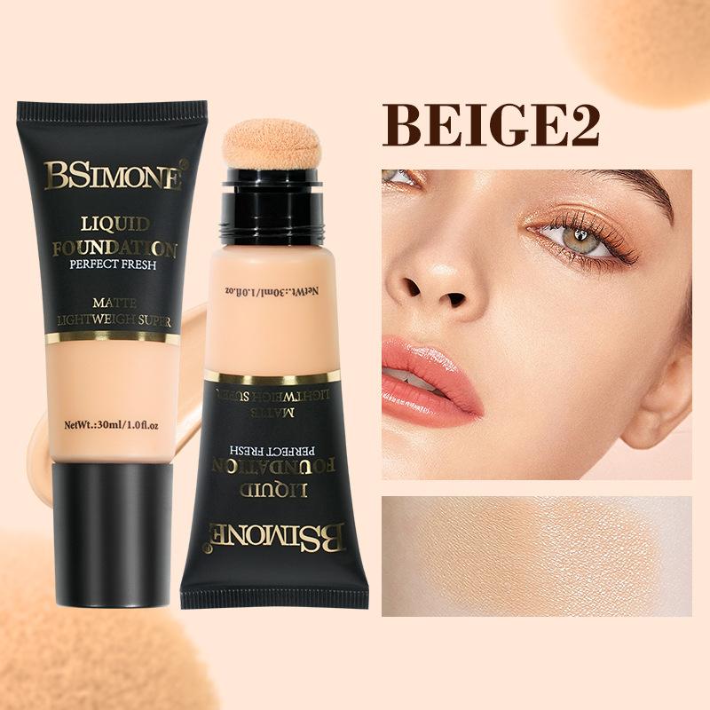 Bsimone Coverage Foundation Long-Lasting Oil Control Waterproof Liquid Foundation Matte Finish Concealer With Sponge Brush Head