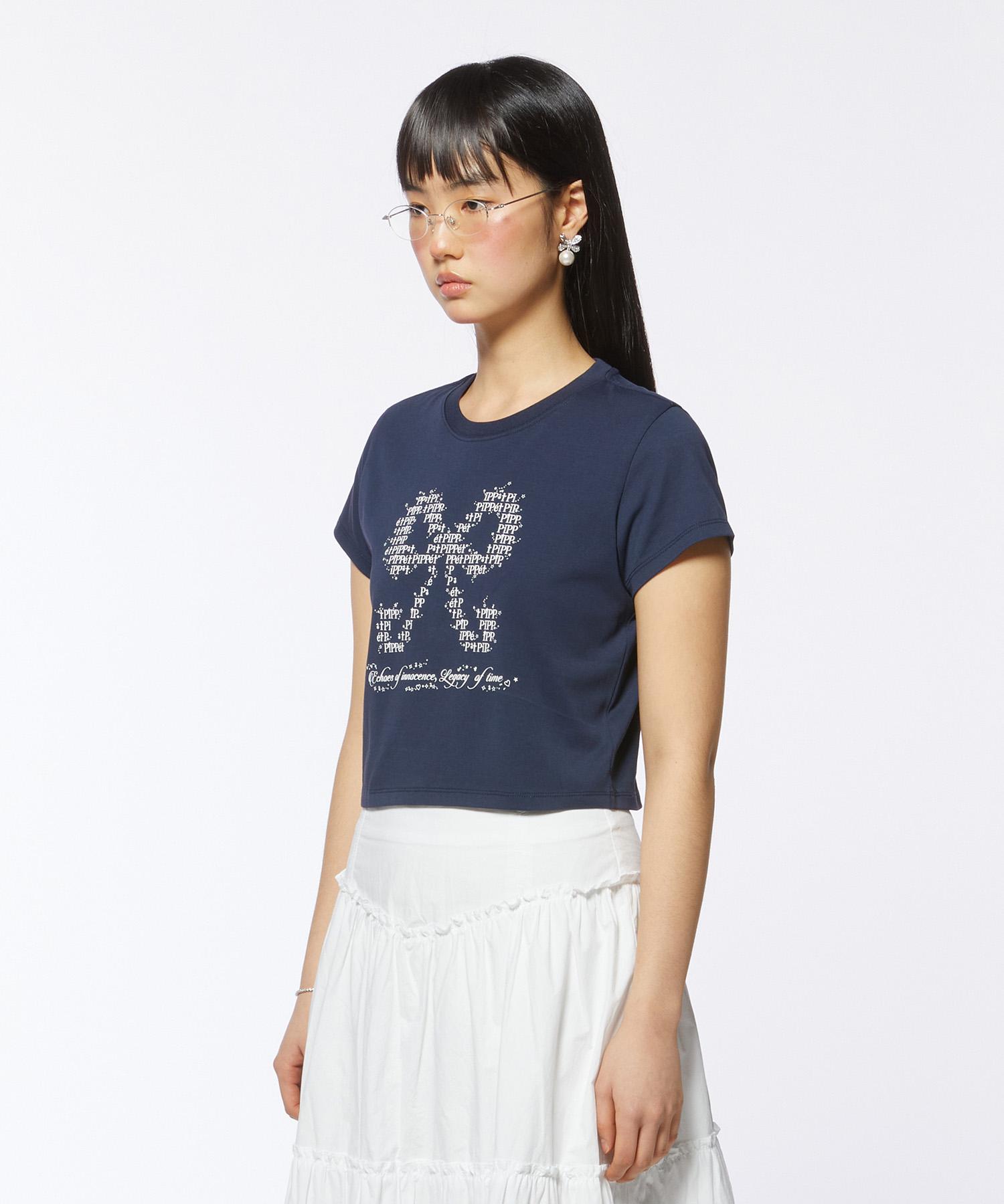 Pip Pet Ribbon Typo Graphic Crop T-Shirt (Navy) Navy/Free