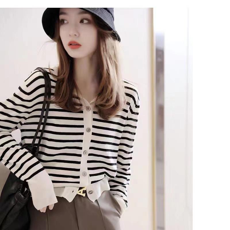 Women's Autumn French Retro Striped Knit Cardigan - Loose, Chic, and Stylish