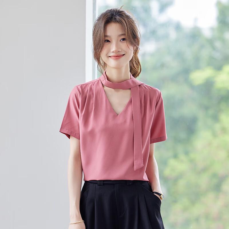 TeloMan Women s V-Neck Short-Sleeve Blouse with Tie-Neck Design XL