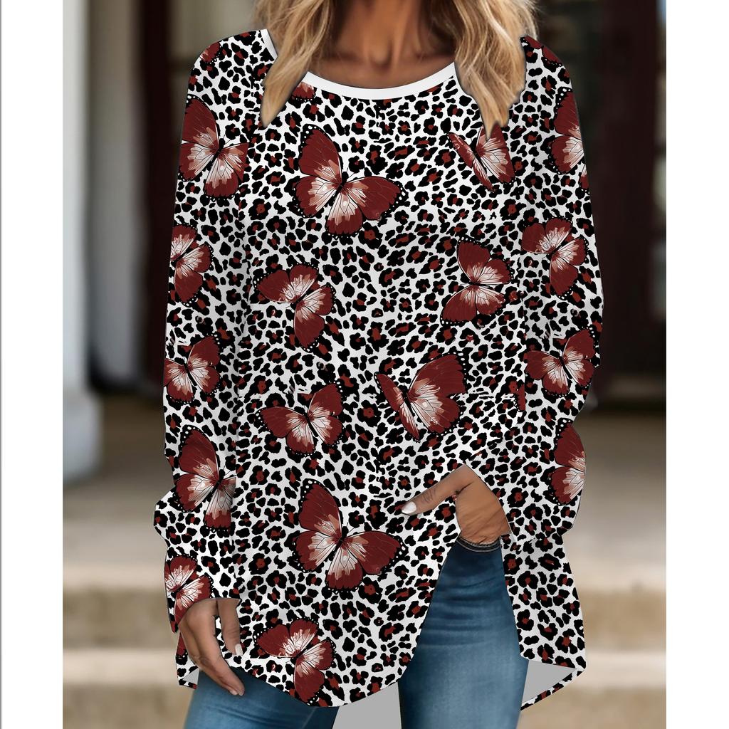 Plus Size Women Fashionable Personality  Leopard Printed Comfy Long Sleeve Round Collar T-shirt Casual Baggy Mid Length Tee Tops