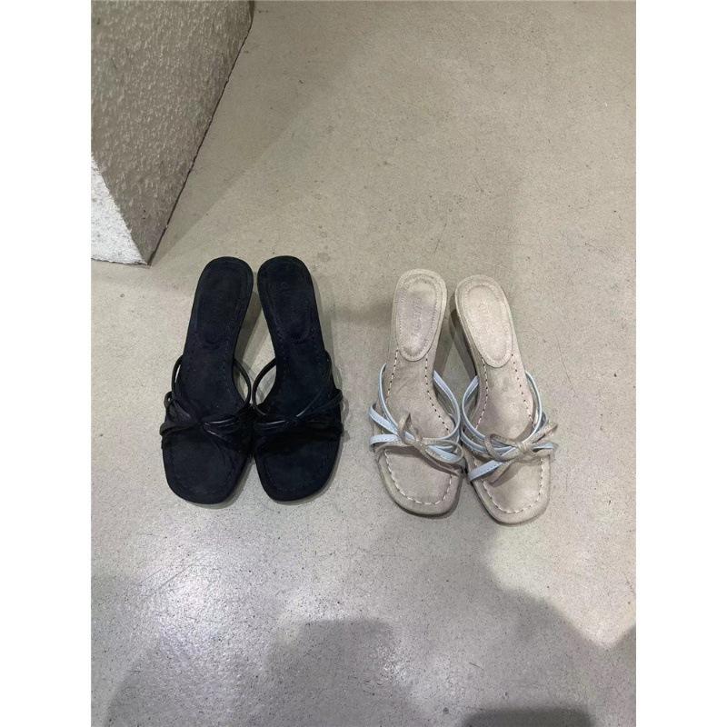 French sandals women's shoes 2024 new summer niche temperament bow strap open-toed cat heel sandals