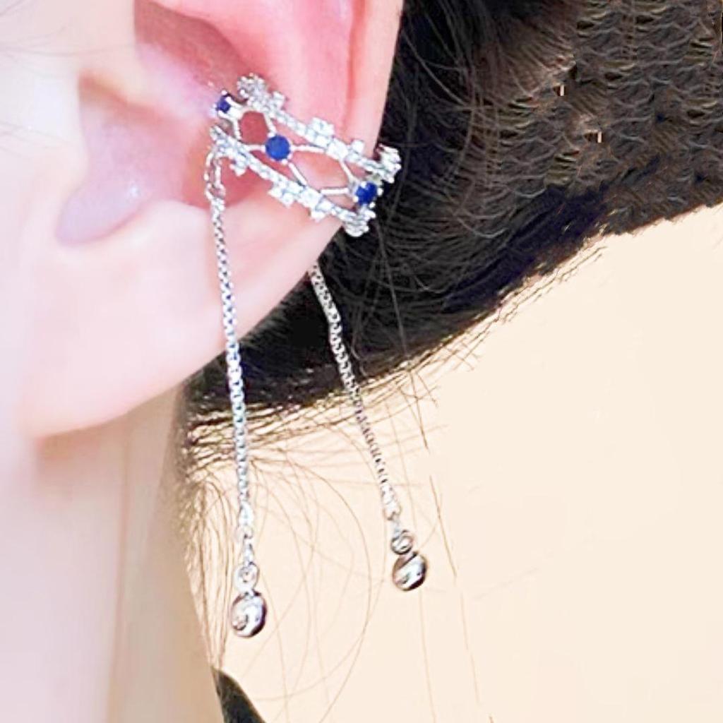 French Forest Style Blue Zircon Clip-On Earrings - Niche Design, Trendy No-Pierce Ear Cuff for Women