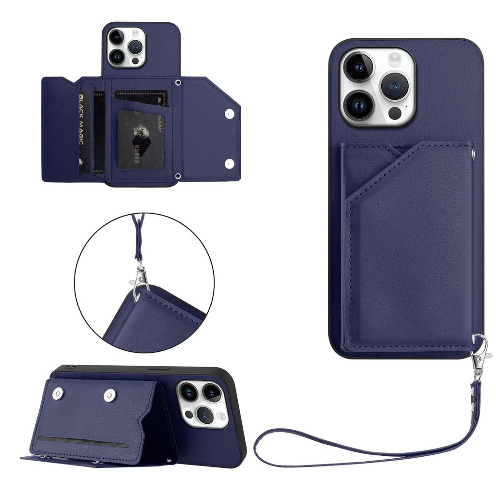 For iPhone 16 Pro Max Case Card Holder Kickstand Skin-Touch Phone Cover with Wrist Strap