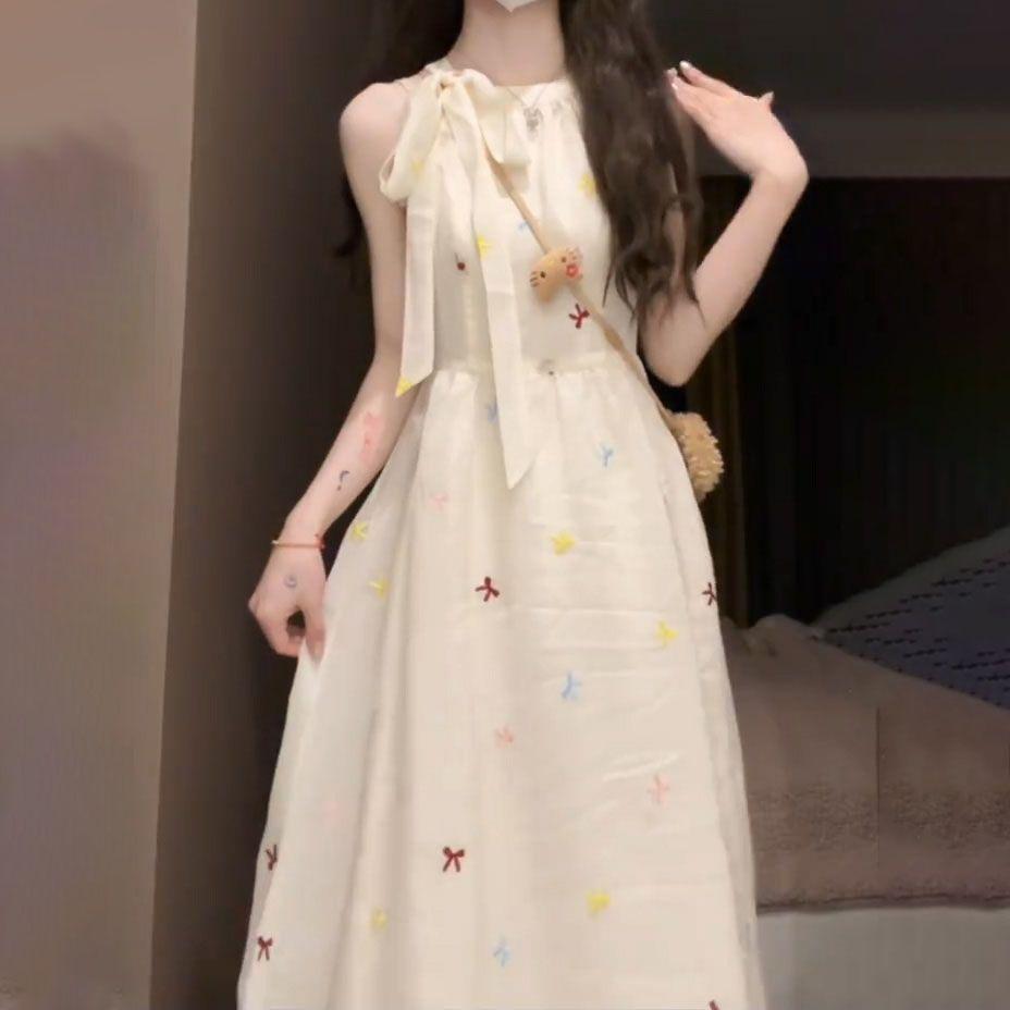 Basic Polyester A Line Dress With Bowknot Print For Summer Casual Wear