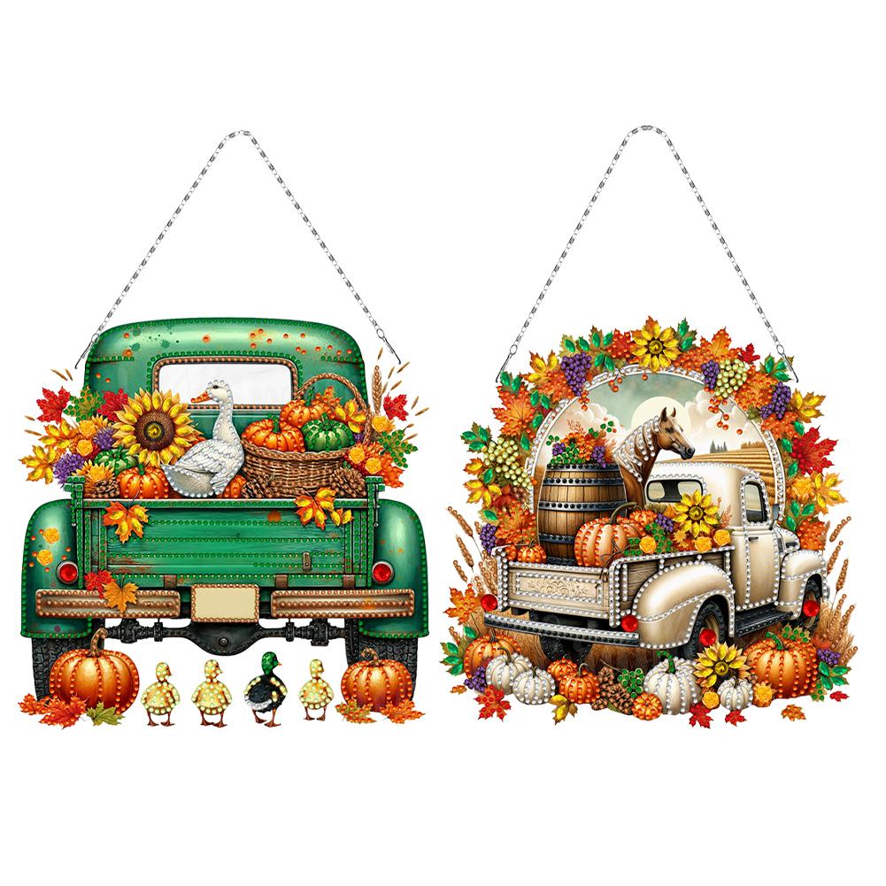

2PCS Pumpkin Car Theme 2D/Flat DIY Special Shape Rhinestone Diamond Art Window Pendants Diamond Painting Set Diamond Art Pendant