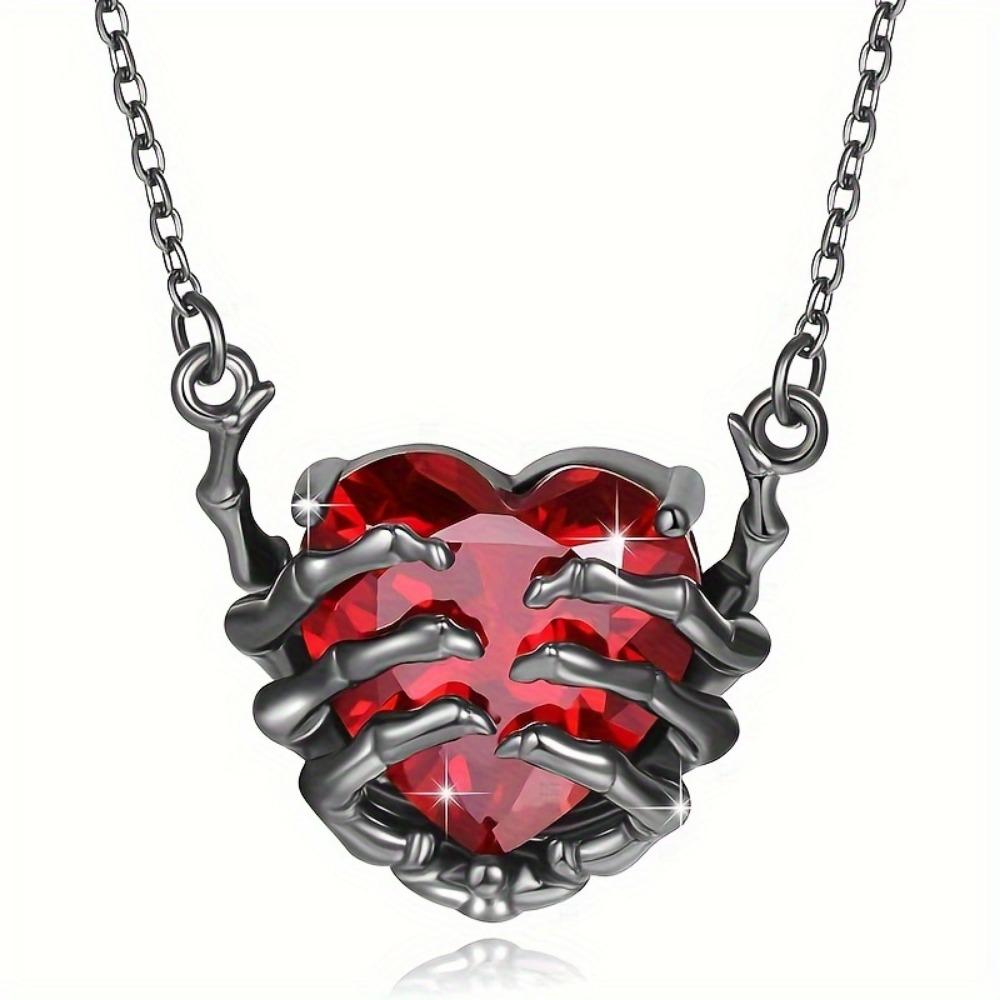 Gothic Heart-Shaped Red Synthetic Zircon Necklace with Zombie Claw Design, Funky Style, Plated Zinc Alloy, Unisex Pendant