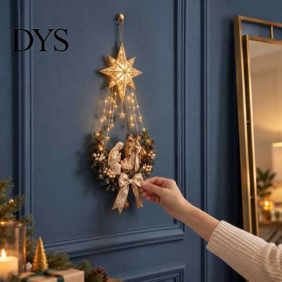 Christmas Star Gift for Family Lighted Nativity Door Swag, Bethlehem of Faith Wall Decor, Light-up Holy Hanging Decoration with Lights Front