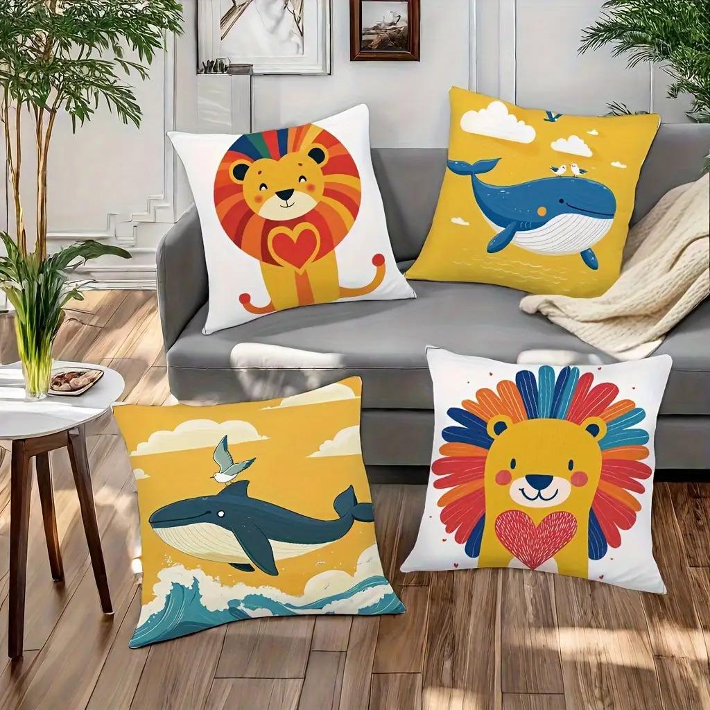 Lion And Whale Pattern Digital Printing Pillow Cover Short Plush Suitable Living Rooms Bedrooms Sofas Throw Cushion Cover 4Pcs