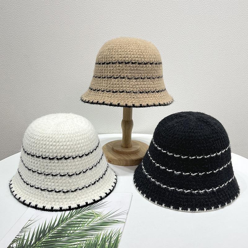 Knitted Hat Children's Autumn and Winter New Striped Lazy Wind Bucket Hat Showing Face Small Bucket Hat