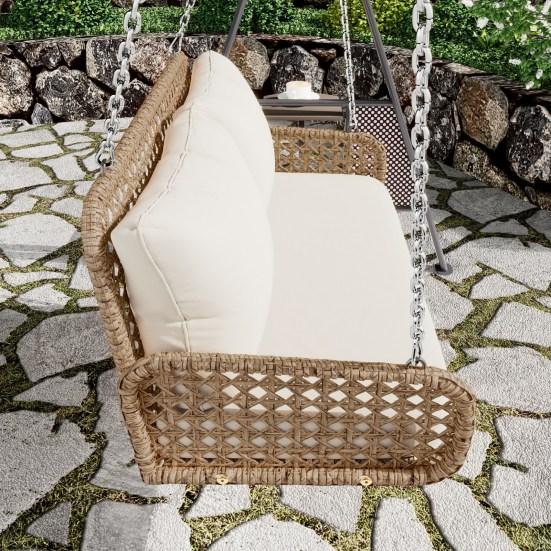 Hanging Swing Chair Wicker Double Seats Metal Chain Without Frame 320Kg Load Capacity Outdoor Garden Porch Patio Swing Lounge with Back Cushion