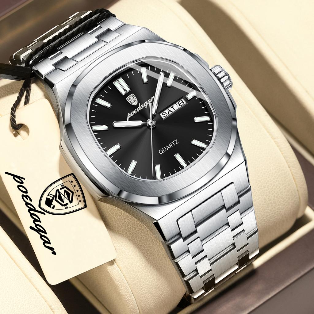 POEDAGAR Top Business Men Wristwatch Luminous Waterproof Stainless Steel Square Male Clock Week Date Quartz Casual Men's Watches