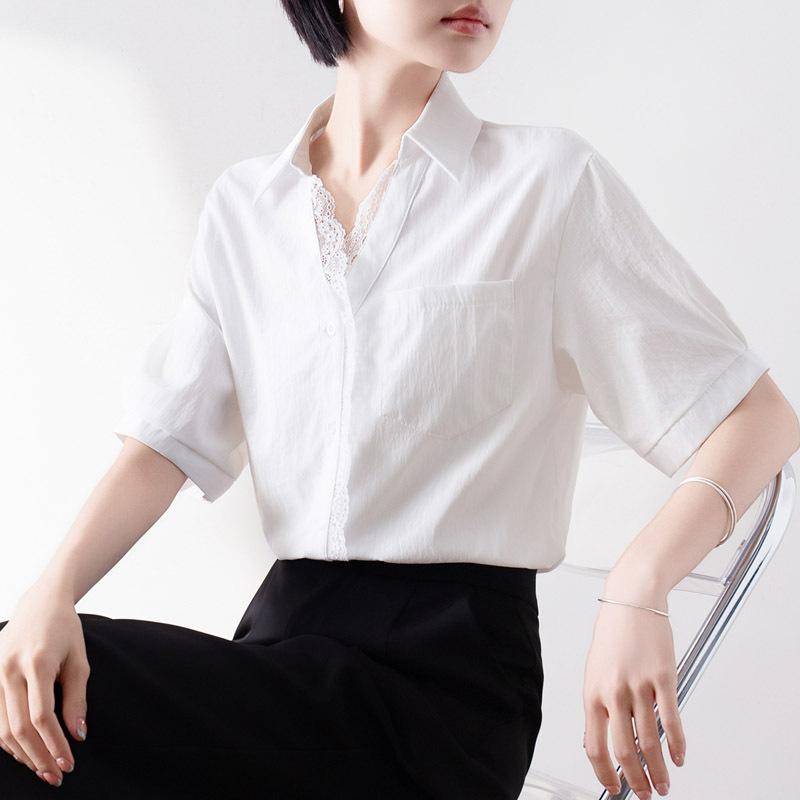 Women White Lace Trim Patchwork V Neck Short Sleeve Casual Commute Shirt S