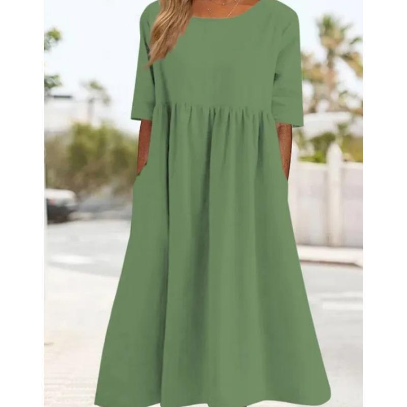 Summer Casual Short Sleeve Women Pocket Long Dress Fashion Elegant Plus Size Pleated Loose Crew Neck A-line Party Dresses Office Women Clothing