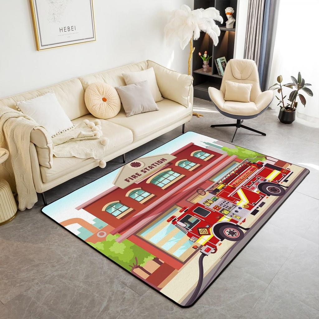 Firefighting Truck Area Rug, Fire Truck Carpet for Teen Boys, Cartoon Emergency Rescue Vehicle Floor Mat for Living Room Bedside